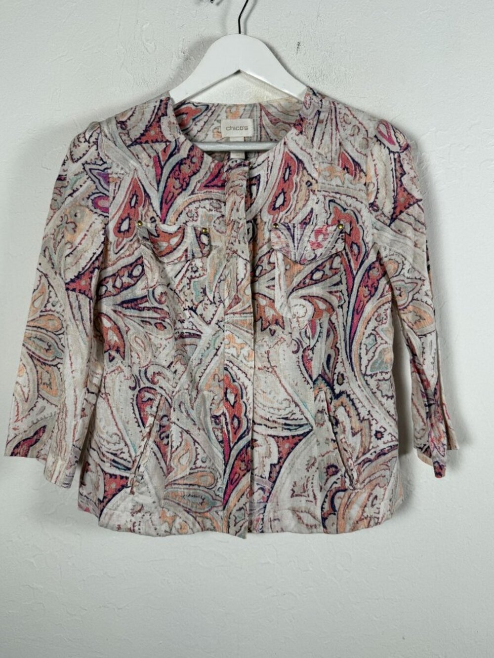 Chicos Linen Jacket Womens Size 0 Paisley Multicolor Blazer Utility Coat Pockets